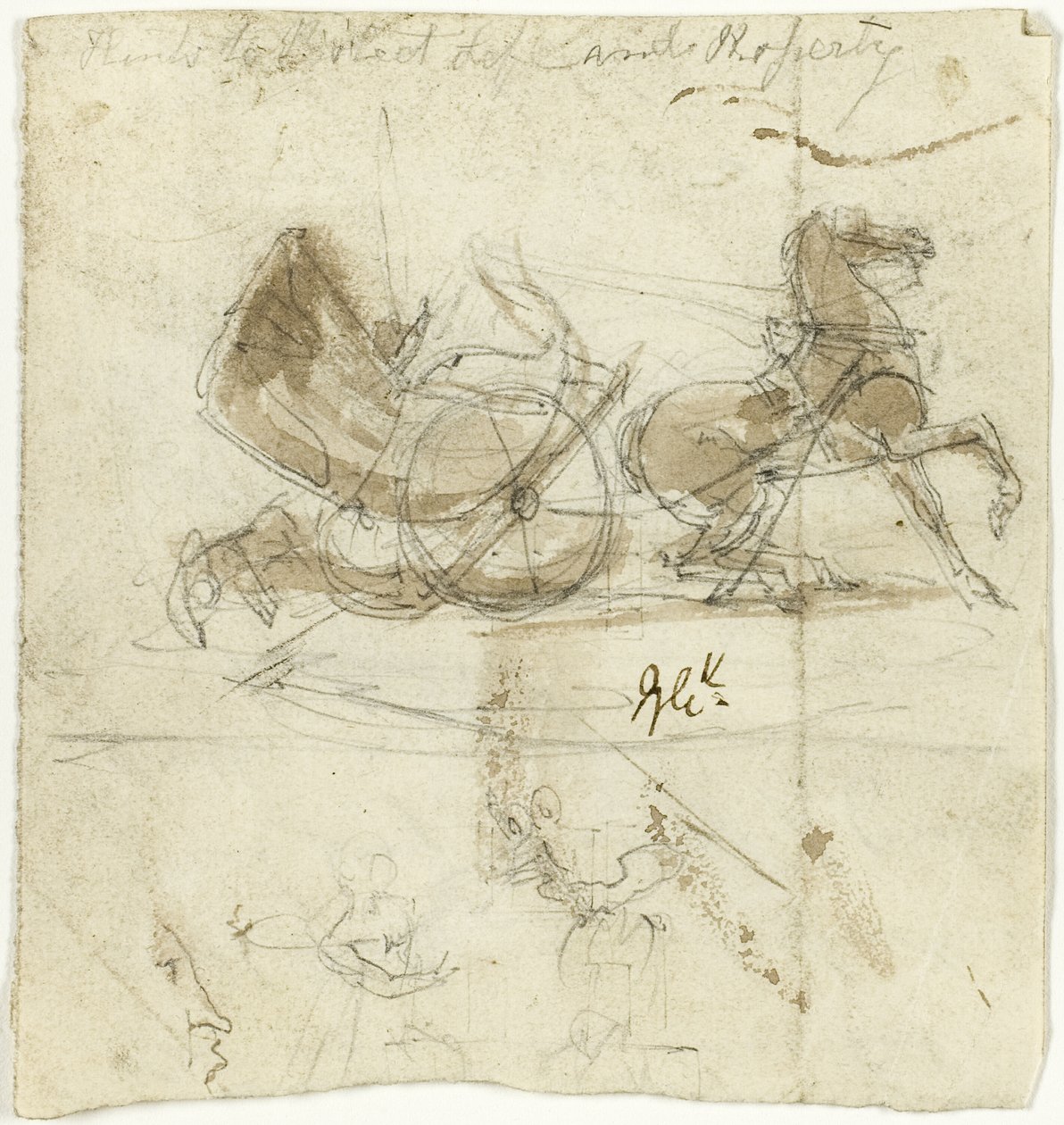 Caricatura de si próprio (anverso); Cabine atirada por um cavalo, com outros esboços (verso) de George Cruikshank