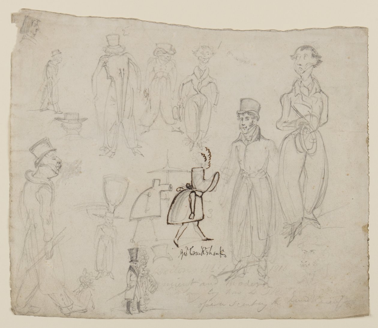 Estudos de personagem (lápis, caneta e tinta no papel) de George Cruikshank