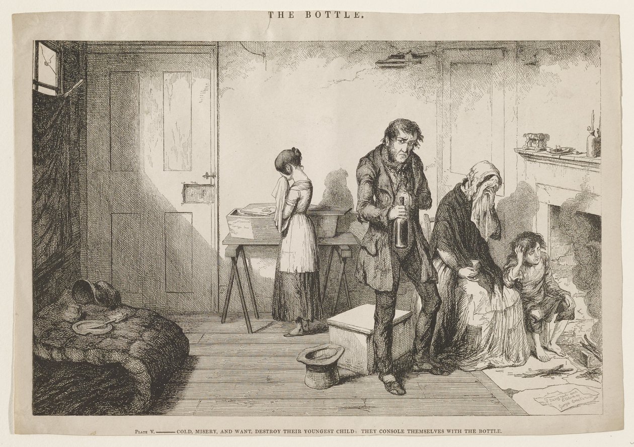 O frio, a miséria e a carência destroem o filho mais novo: consolam-se com a garrafa. de George Cruikshank