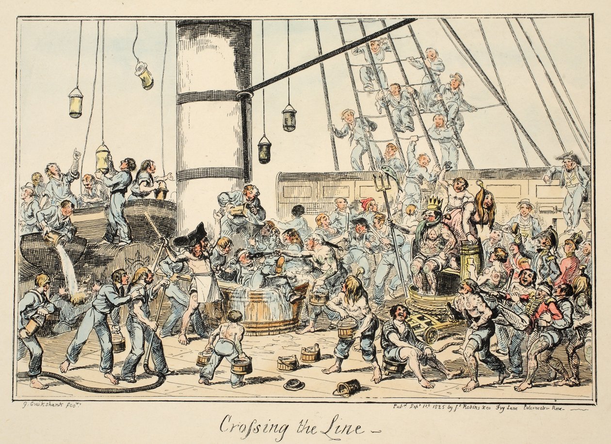 Cruzando a linha, do hospital de Greenwich, uma série de esboços navais, descritiva de uma vida de um homem do homem de guerras, bar. 1825 (gravura colorida à mão) de George Cruikshank