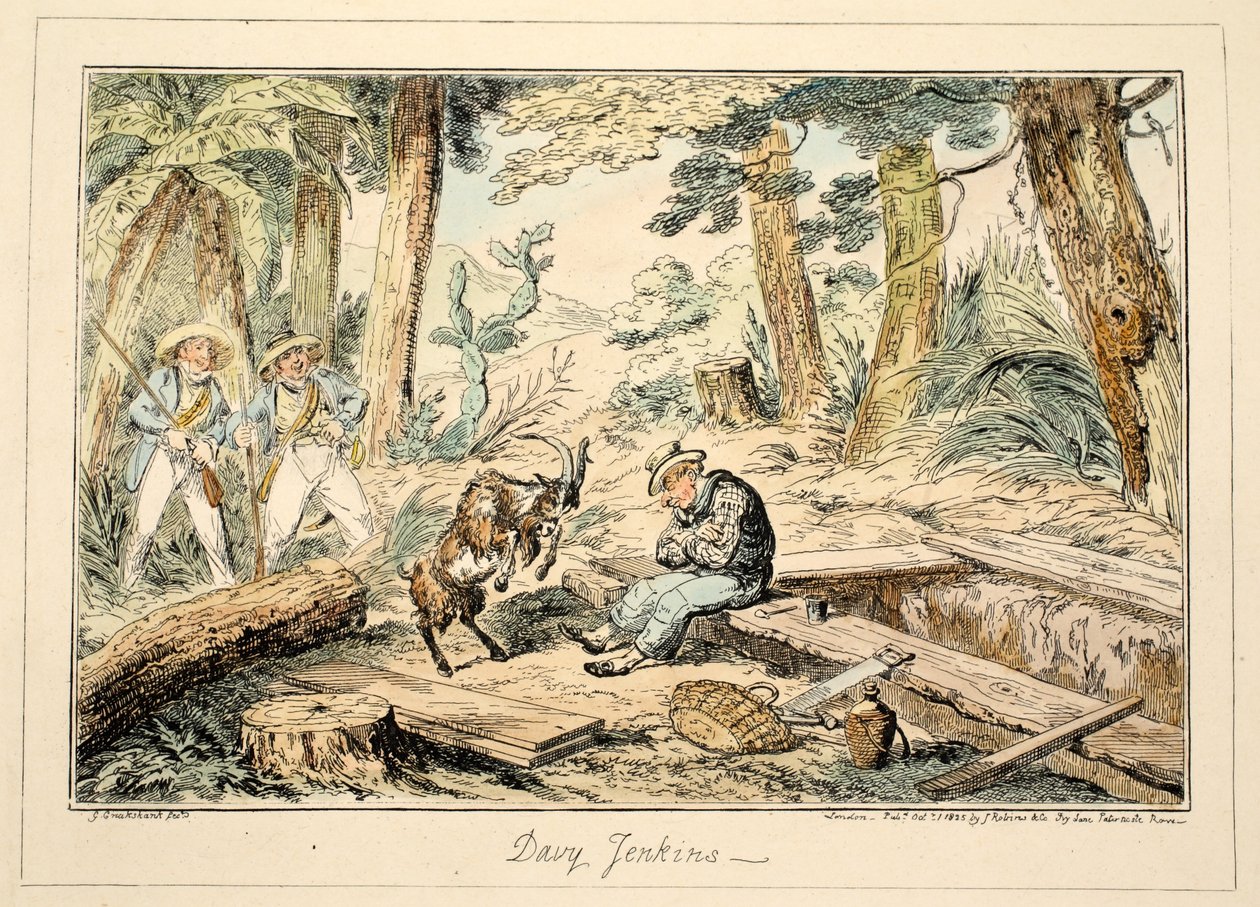 Davy Jenkins, do Greenwich Hospital, uma série de esboços navais, descritiva de uma vida de um homem de guerras, pub. 1826 (gravura colorida à mão) de George Cruikshank