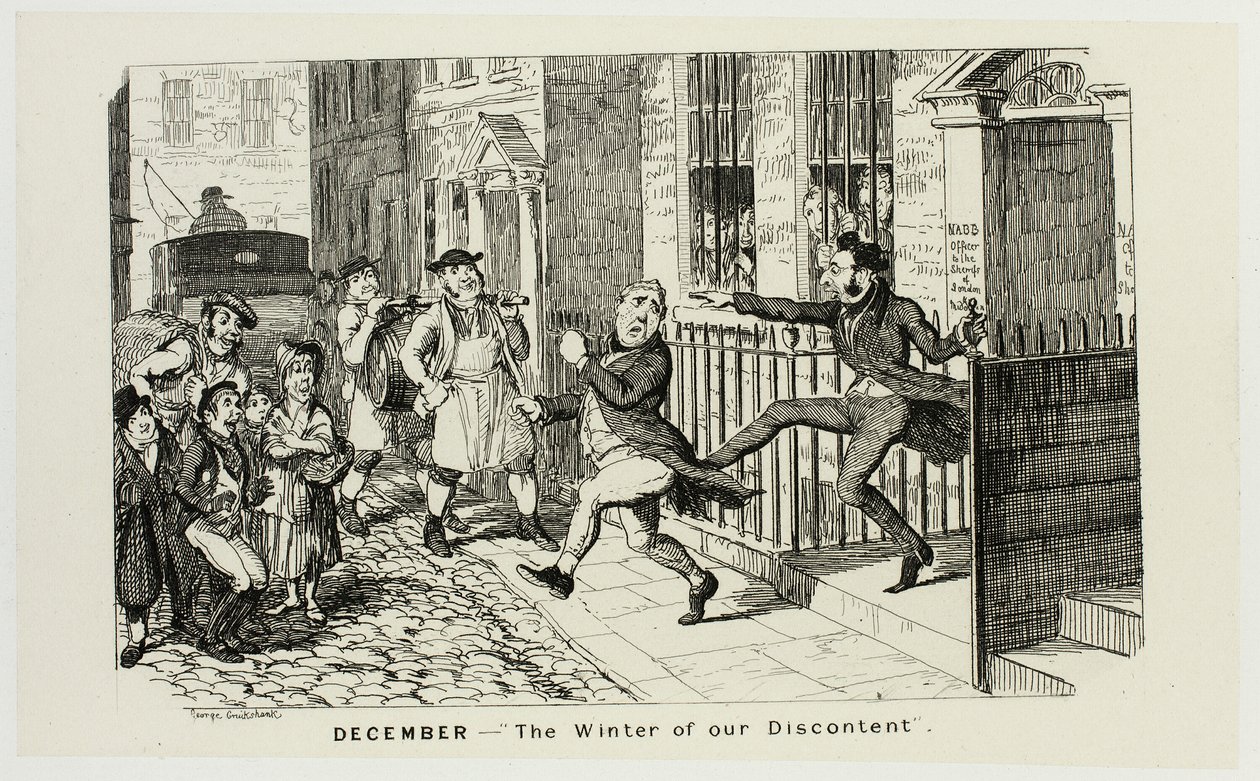 dezembro - "O inverno do Nosso Descontentamento" das Gravuras em Aço de George Cruikshank para The Comic Almanacks: 1835-1853 de George Cruikshank