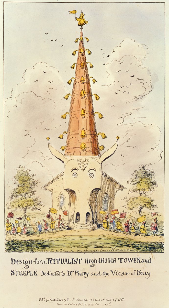 Projeto para uma Torre Elevada e Campanário Ritualista, dedicada ao Dr. Pusey e ao Vigário de Bray, 1868 (impressão) de George Cruikshank