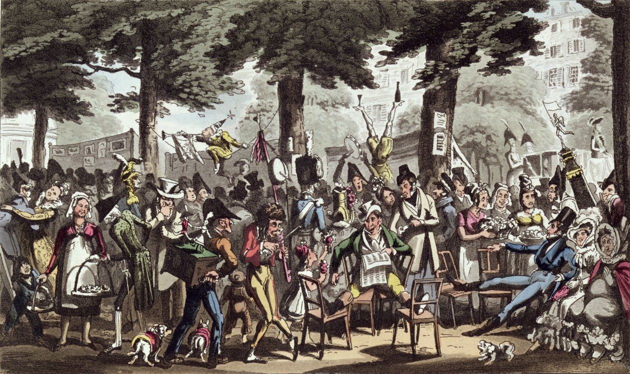 Dick Jenkins, O Capitão, Lady Halibut und Lydia Desfrutando de um Lounge no Italian Boulevard, de &39;Life in Paris&39; de David Carey, publicado em 1822 de George Cruikshank