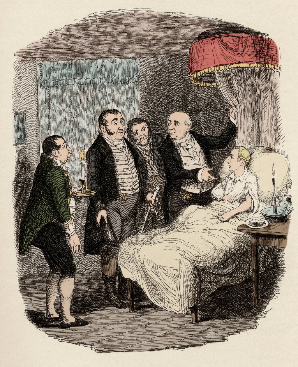 Dr. Losberne mostrando Oliver to Bow Street Police Officers - Oliver esperado pelos Bow Street Runners - Ilustração para "Oliver Twist" (Oliver) (The Adventures of Oliver Twist) por Charles Dickens (1812-1870), por George Cruikshank (1792-1878) . de George Cruikshank