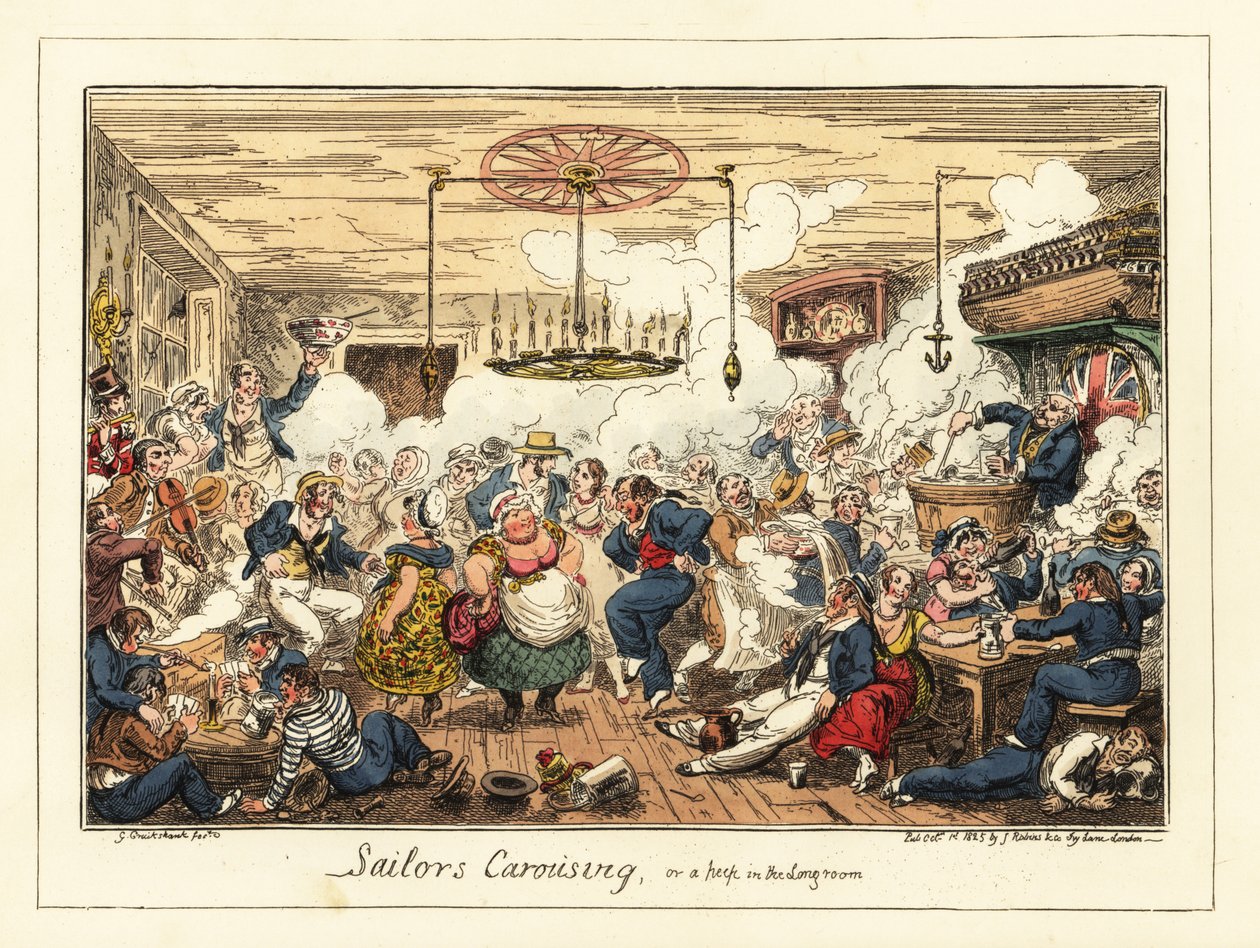 Marinheiros ingleses bebendo e dançando em um pub, era napoleônica, 1829 (litografia) de George Cruikshank