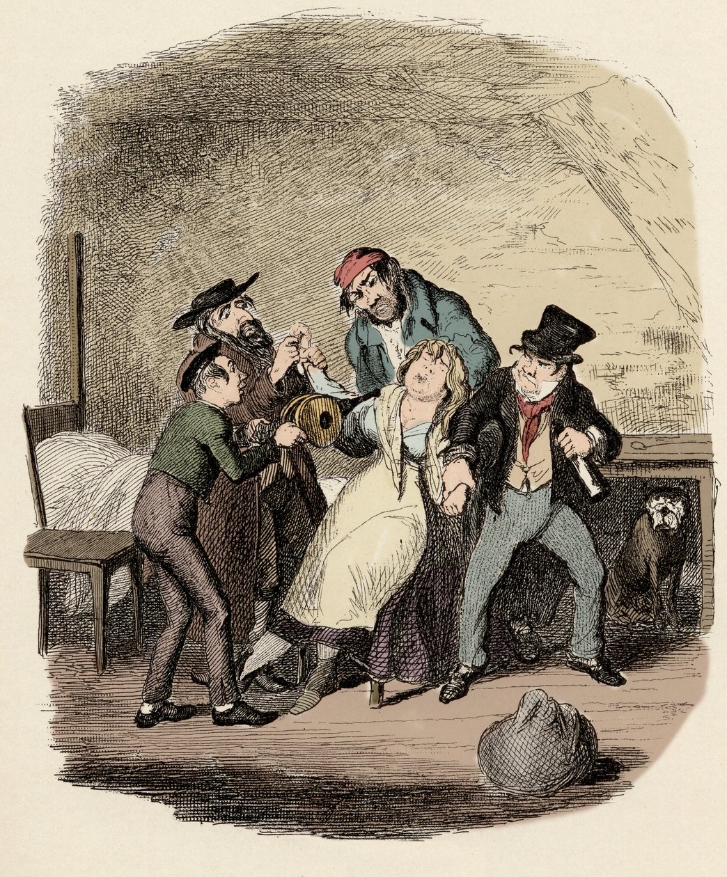 Fagin, Charley Bates, Kikes e Dawkins reanimant Nancy - Mr Fagin and his pupil reanimant Nancy - Ilustração para "Oliver Twist" (Oliver) (The Adventures of Oliver Twist) por Charles Dickens (1812-1870), por George Cruikshank (1792-1878) . de George Cruikshank