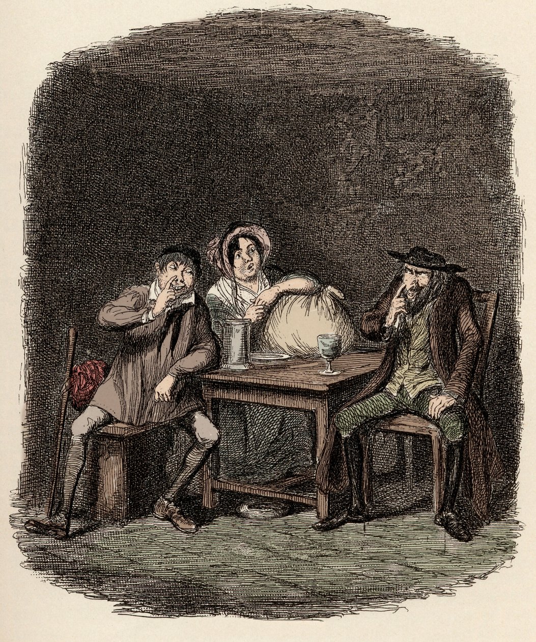 Fagin fazendo negócios com Morris Bolter, também conhecido como Noe Claypole, e Charlotte - O judeu e Morris Bolter começam a se entender - Ilustração para "Oliver Twist" (Olivier) (As Aventuras de Oliver Twist) por Charles Dickens (1812-1870), de George de George Cruikshank