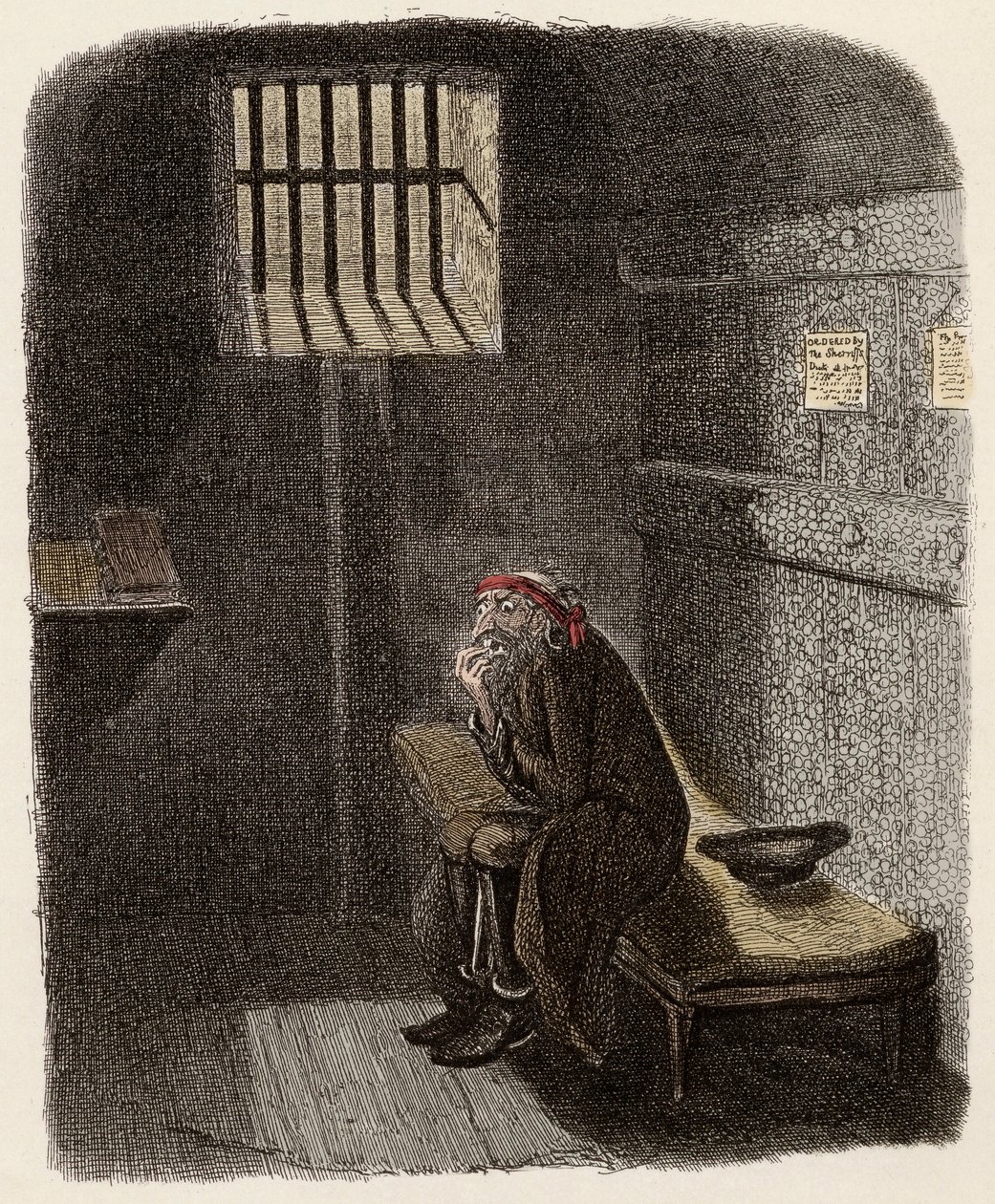 Fagin na sua cela de sentença de morte - Fagin na cela condenada - Ilustração para "Oliver Twist" (Olivier) (As Aventuras de Oliver Twist) por Charles Dickens (1812-1870), por George Cruikshank (1792-1878) . de George Cruikshank