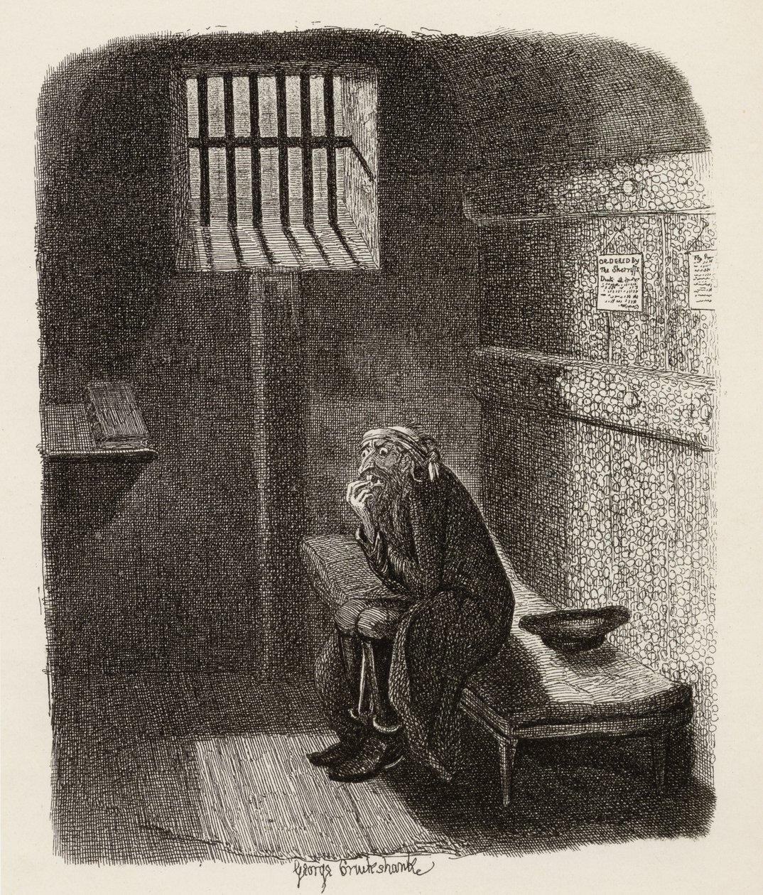 Fagin na cela condenada, de "As Aventuras de Oliver Twist", de Charles Dickens (1812-1870) 1838, publicado por Chapman und Hall, 1901 (gravura) de George Cruikshank