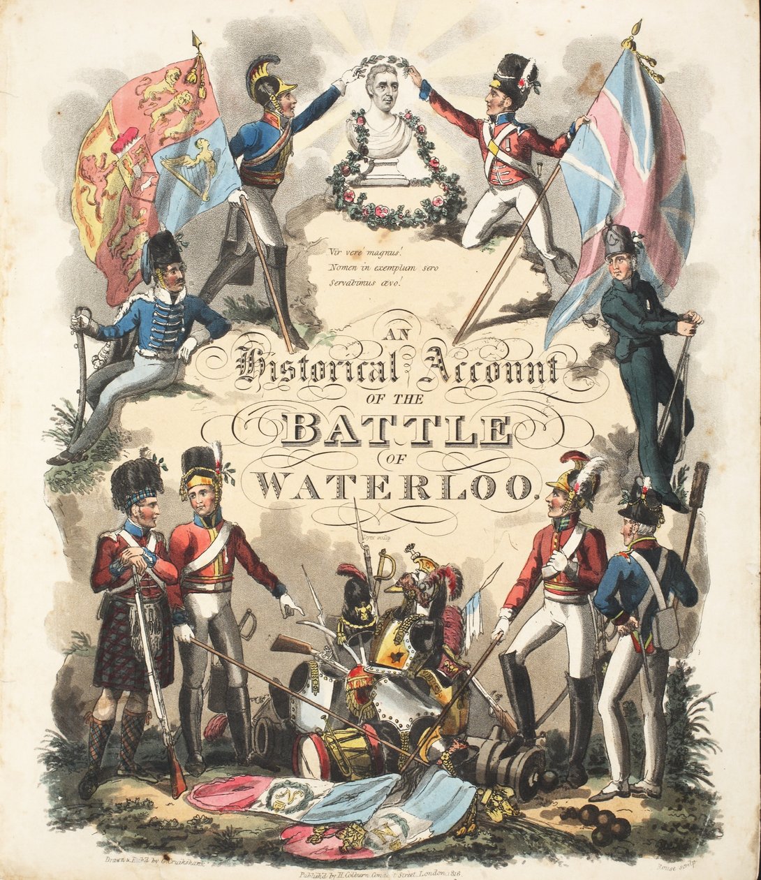 Frontispício, &39;uma conta histórica da batalha de Waterloo&39; por William Mudford, gravada por Rouse, pub. H. Colburn, 1816 de George Cruikshank