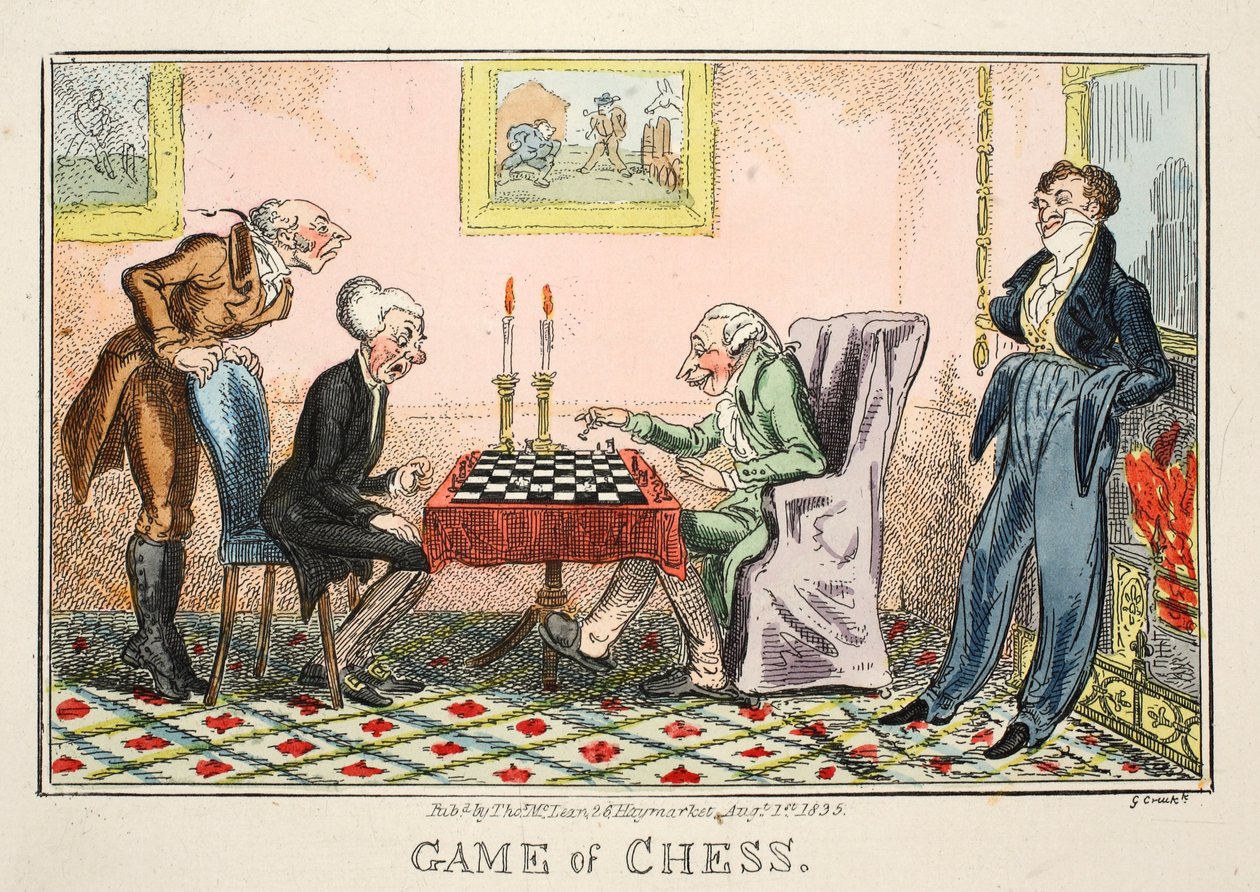 Game of Chess, pub de Thomas McLean, 1835 (gravura colorida à mão) de George Cruikshank