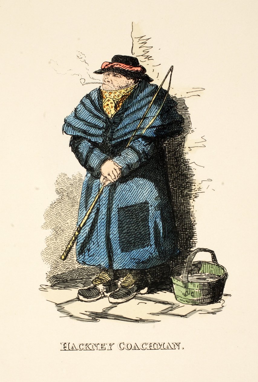 Hackney Coachman, da revista The Gentleman&39;s Pocket Magazine, pub. 1827 (gravura colorida à mão) de George Cruikshank