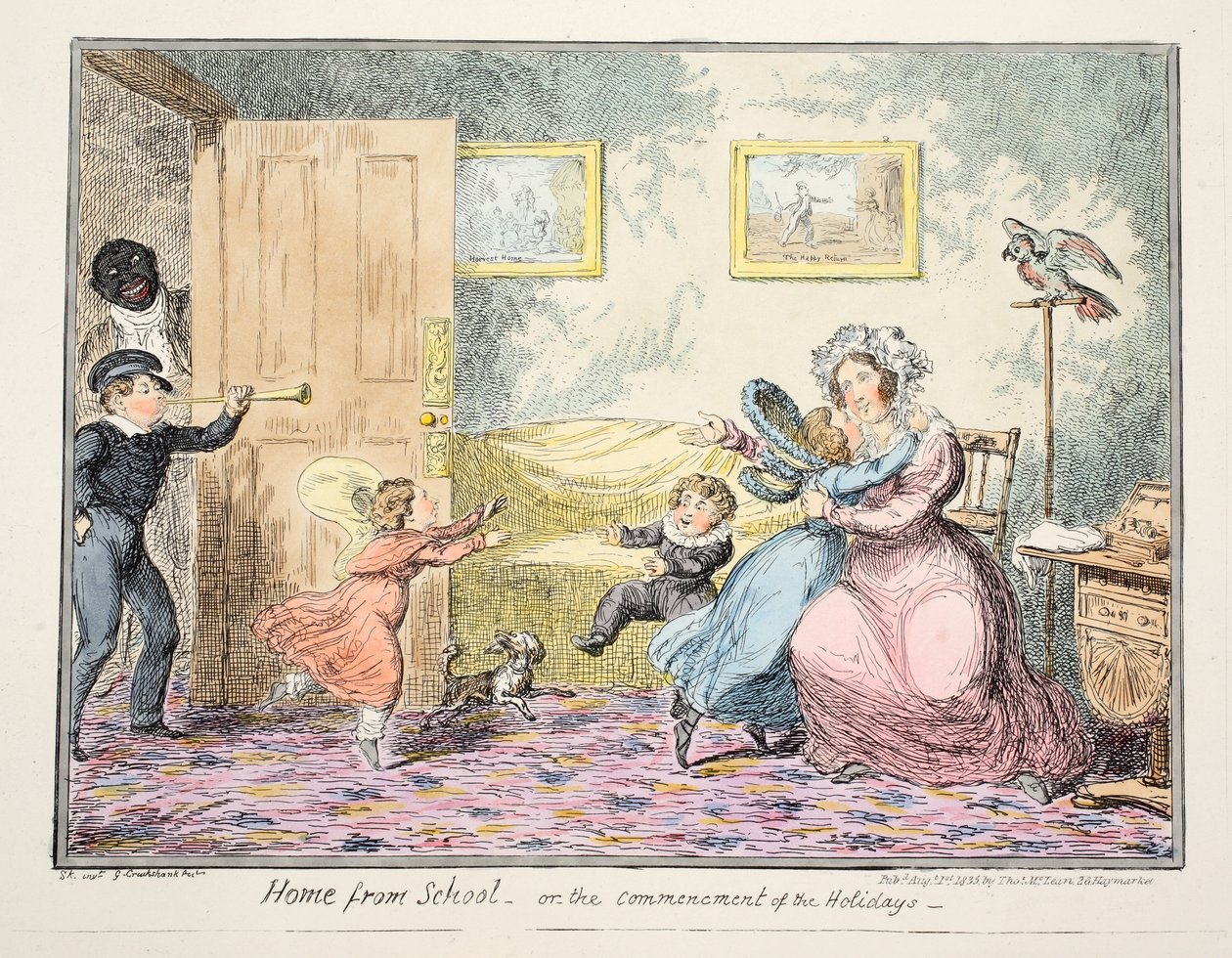 Início da escola ou o início do pub de feriados. 1835 (gravura colorida à mão) de George Cruikshank