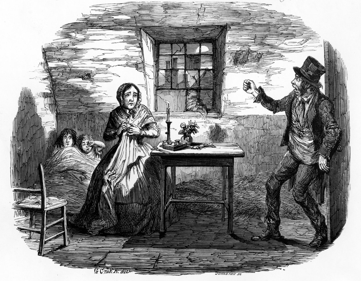 Início na sombra, ilustração de &39;Temperance cartazes: casa na questão de sombra 4&39; por William Tweedie, impressa feita por Johnston, 1852 de George Cruikshank