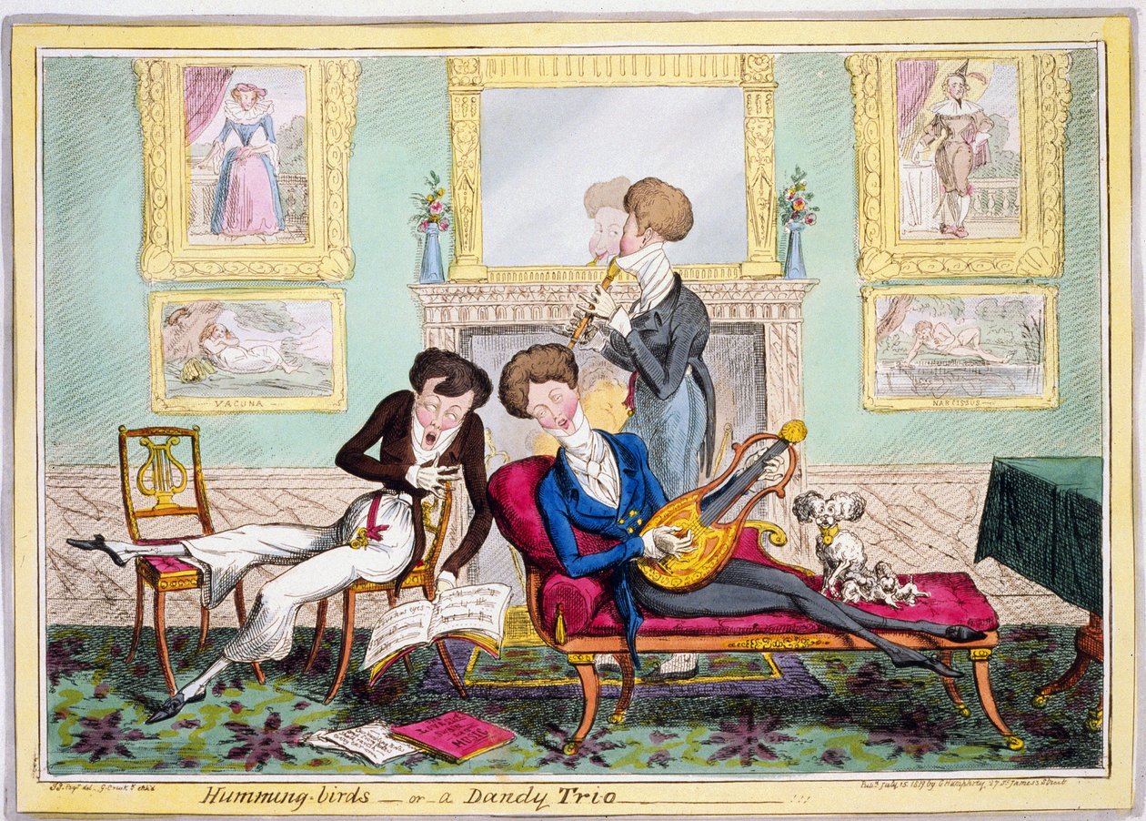 Cantarolando pássaros, ou um Dandy Trio, pub. 1819 (gravura colorida à mão) de George Cruikshank