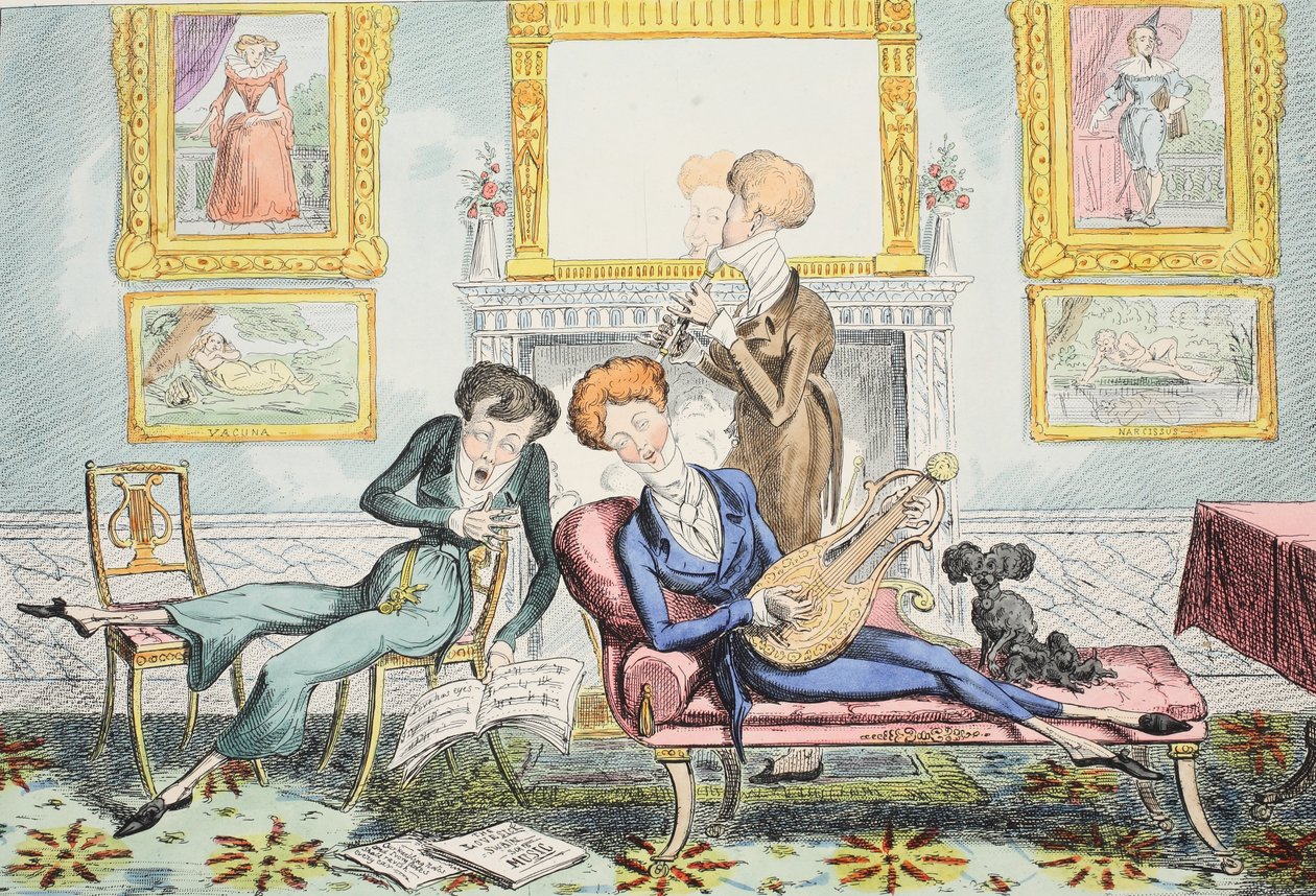 Beija-flores ou um dândi trio, pub. 1835 (gravura colorida à mão) de George Cruikshank