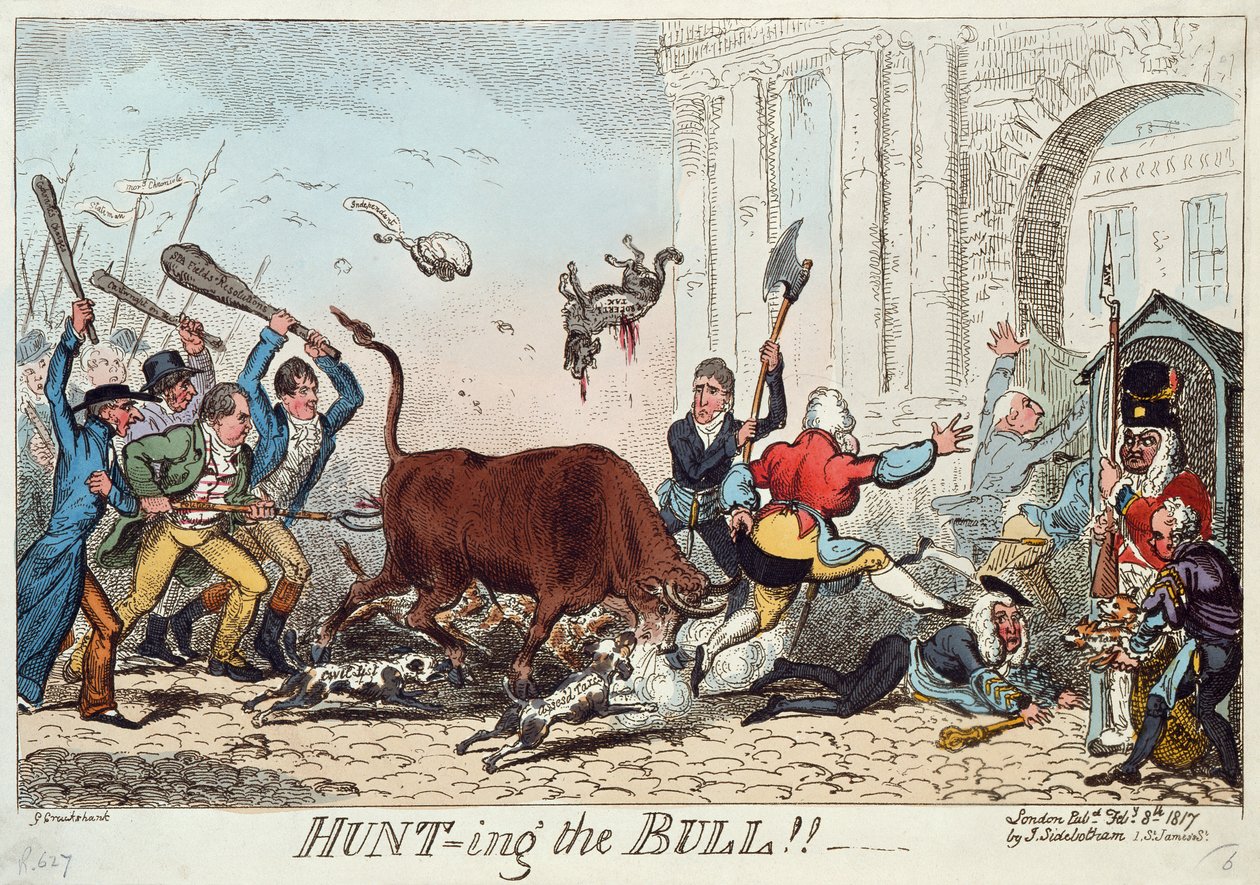 Caçando o Touro, 1817 (gravura a cores) de George Cruikshank