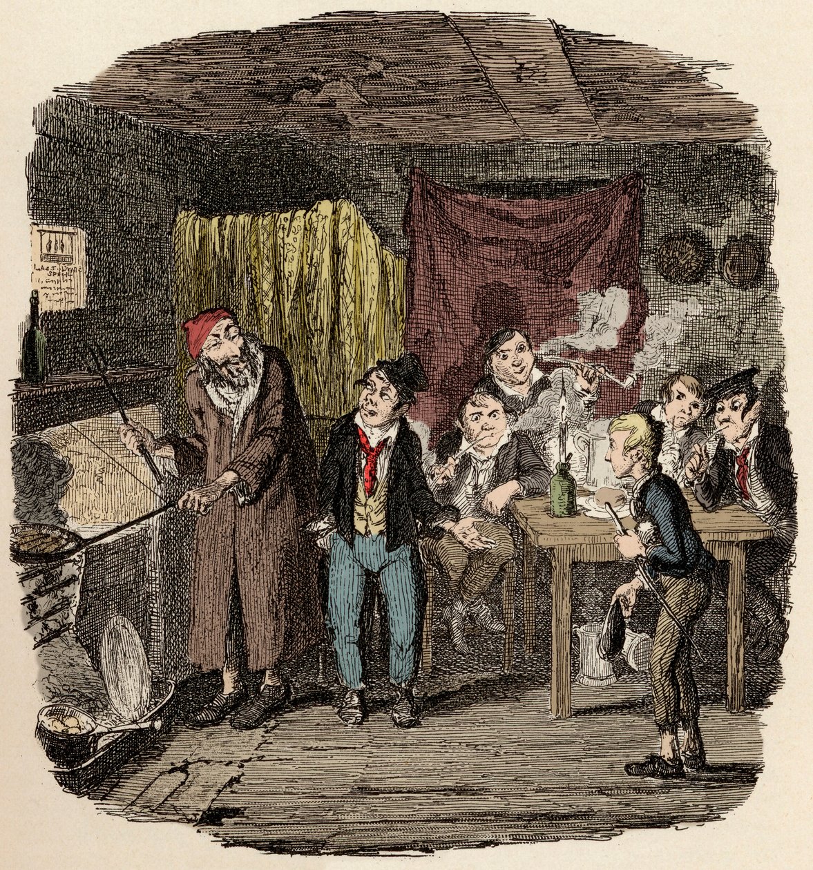 Em Londres, Jack Dawkins chamou a Raposa e apresenta Oliver a Fagin e à sua equipa de malfeitores - Oliver apresentou o respeitável cavalheiro - Ilustração para "Oliver Twist" (Olivier) (As Aventuras de Oliver Twist) por Charles Dickens (1812-1870), por Ge de George Cruikshank