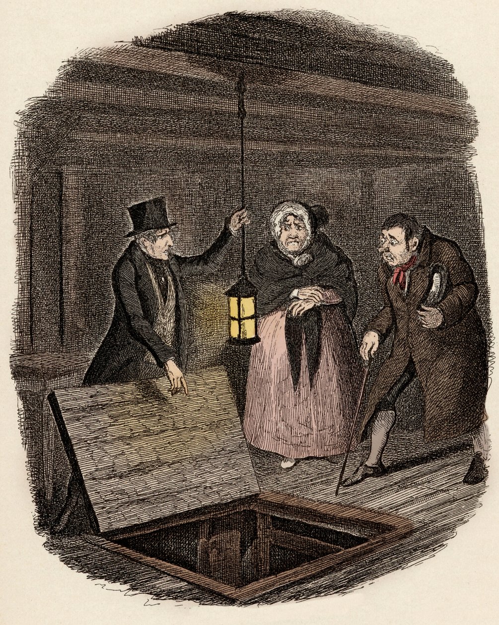 Na presença de Monsieur Bumble e Madame Corney, os monges desaparecem o medalhão de Oliver Twist - As provas destruídas - Ilustração de "Oliver Twist" (Oliver) (As Aventuras de Oliver Twist) por Charles Dickens (1812-1870), por George Cruikshank ( de George Cruikshank