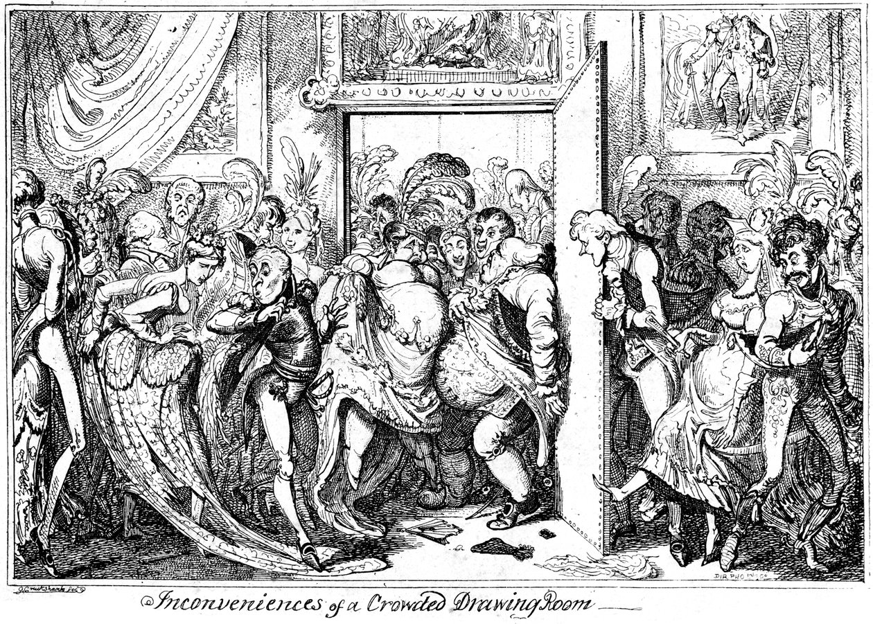Inconveniência de uma sala de estar lotada, 1818. de George Cruikshank