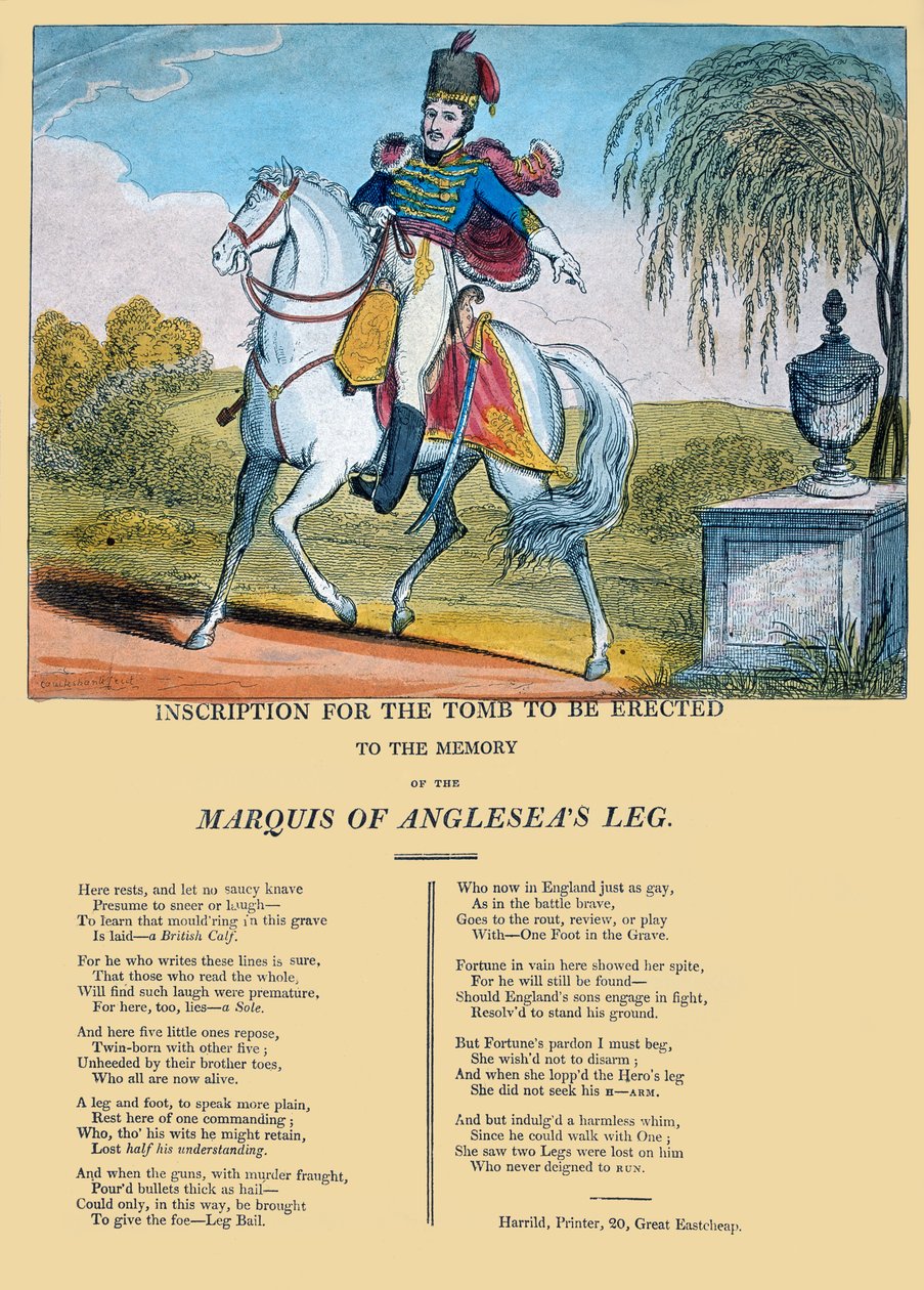 Inscrição para a tumba ser erigida à memória da perna do Marquês de Anglesea, publicada por R. Harrild, c.1815 de George Cruikshank