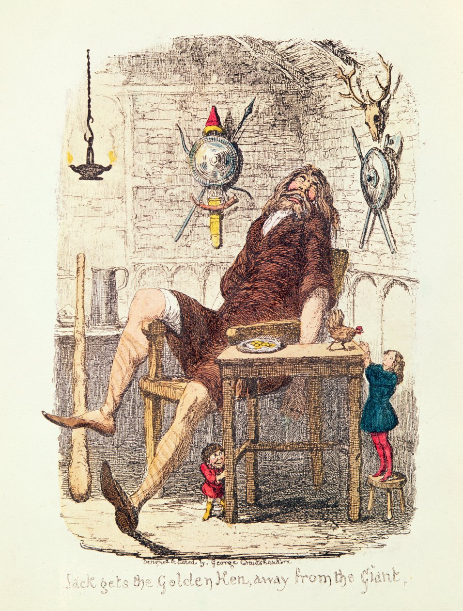 Jack Obtém a Galinha Dourada longe do Gigante (colo litho) de George Cruikshank