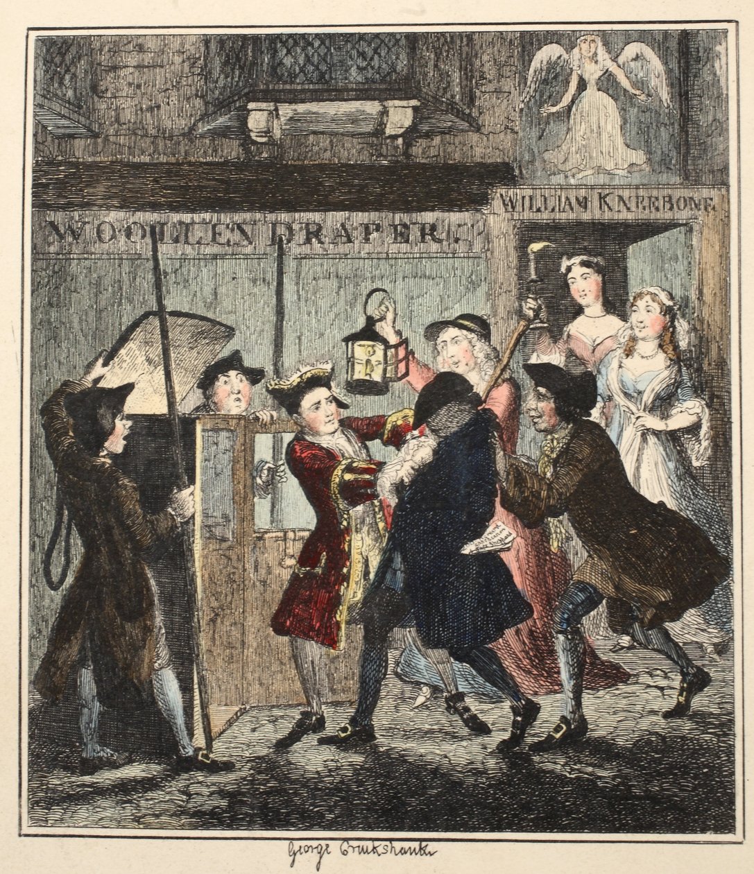 Jack Sheppard Tricking Shotbolt, ilustração de Jack Sheppard: um romance por William Harrison Ainsworth, publicado em 1839 (gravura colorida à mão) de George Cruikshank