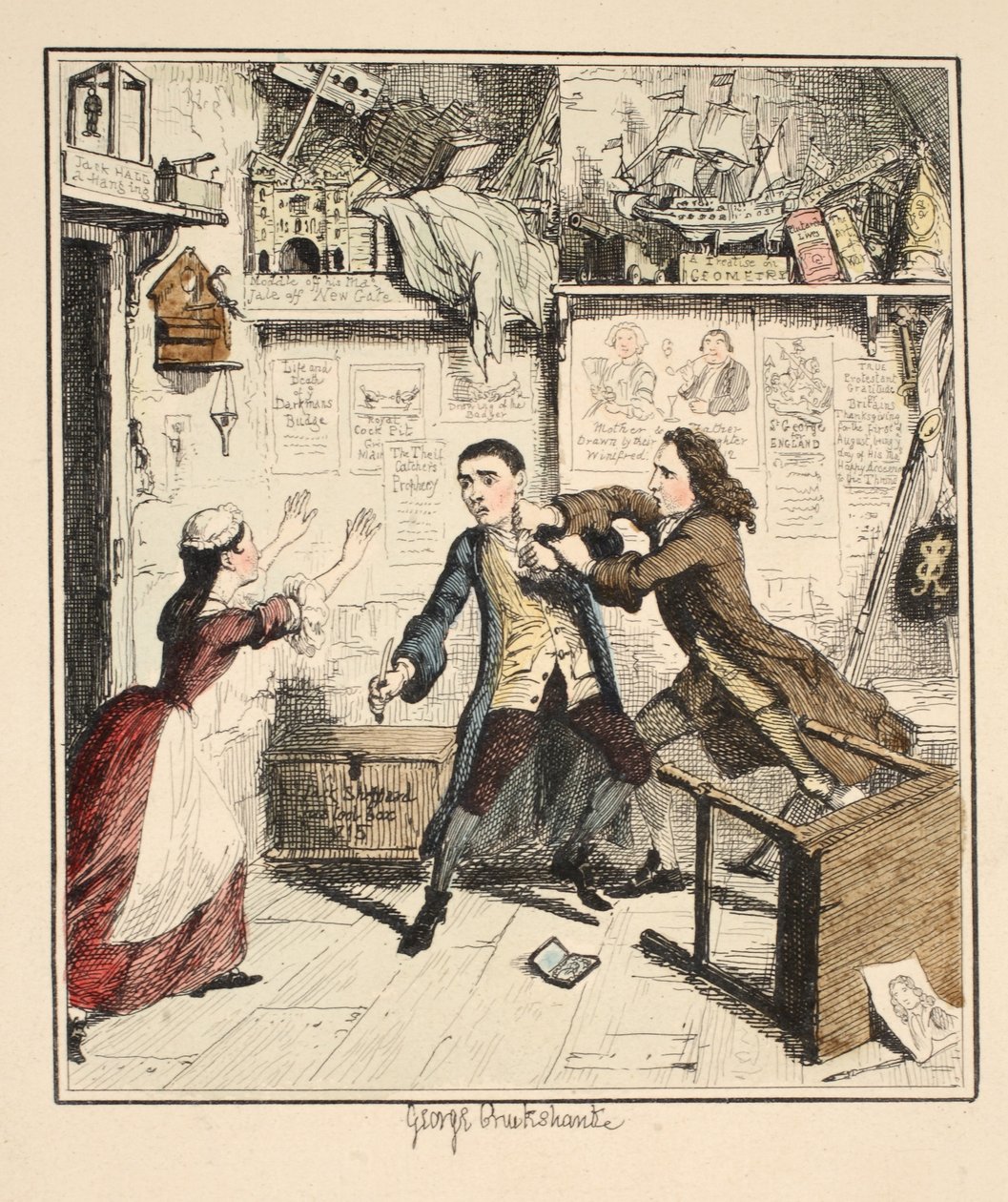Jack Sheppard exibe um personagem vingativo, ilustração de Jack Sheppard: um romance de William Harrison Ainsworth, publicado em 1839 (gravura colorida à mão) de George Cruikshank