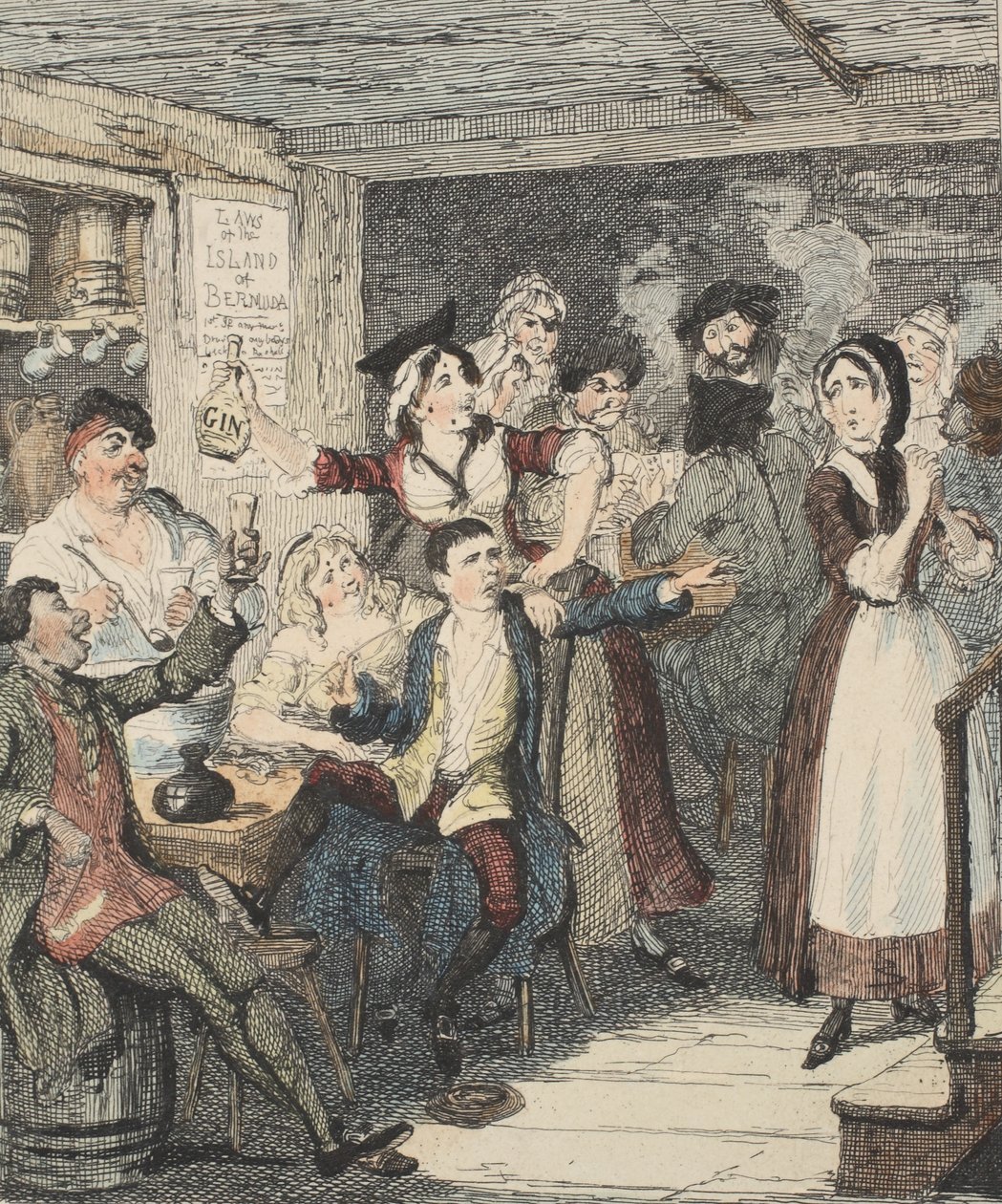 Jack Sheppard fica bêbado e manda sua mãe embora, ilustração de Jack Sheppard: Um Romance de William Harrison Ainsworth, publicado em 1839 (gravura colorida à mão) de George Cruikshank