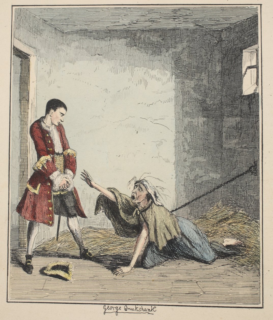 Jack Sheppard visita sua mãe em Bedlam, ilustração de Jack Sheppard: um romance de William Harrison Ainsworth, publicado em 1839 (gravura colorida à mão) de George Cruikshank