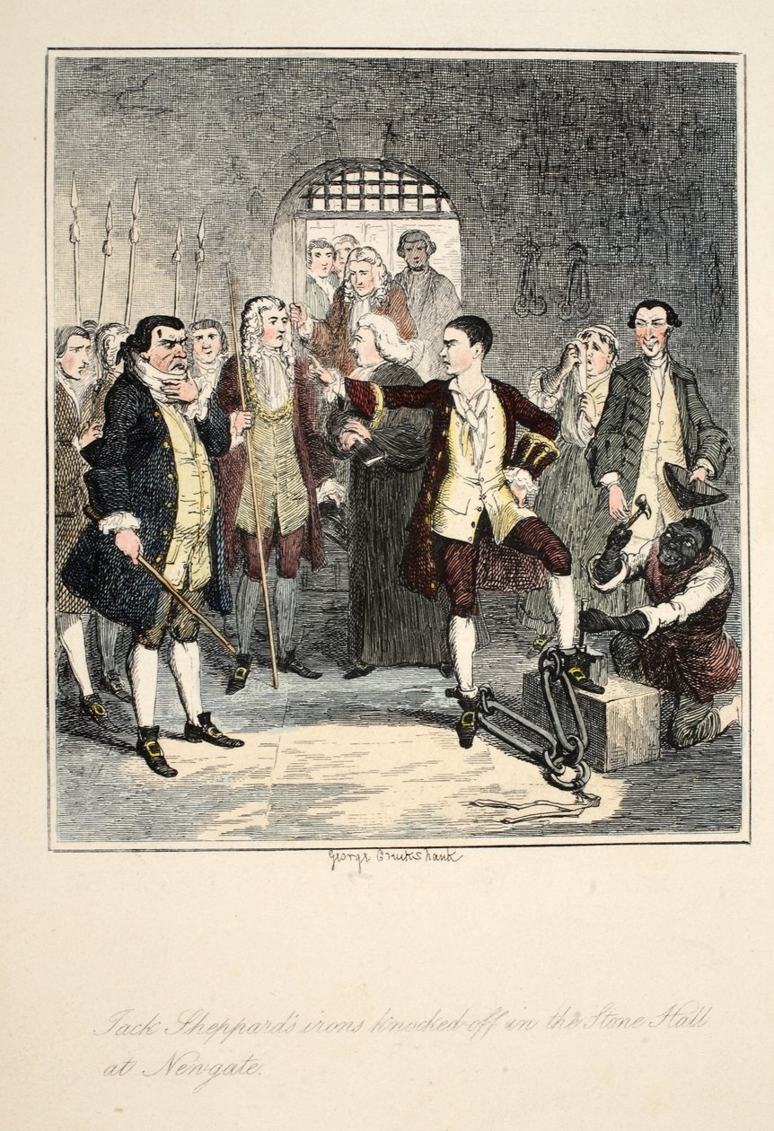 Os ferros de Jack Sheppard caíram no Stone Hall em Newgate, ilustração de Jack Sheppard: Um Romance de William Harrison Ainsworth, publicado em 1839 (gravura colorida à mão) de George Cruikshank