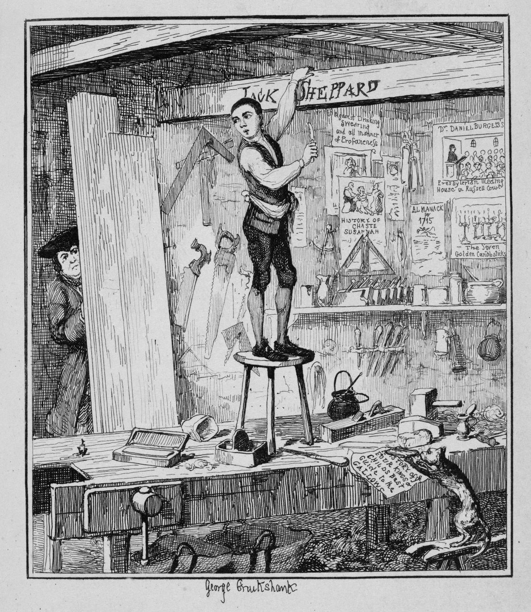 Jack esculpe seu nome em uma viga na loja de seu ex-empregador, ilustração de "Jack Sheppard: A Romance", de William Harrison Ainsworth, publicado em 1839 de George Cruikshank