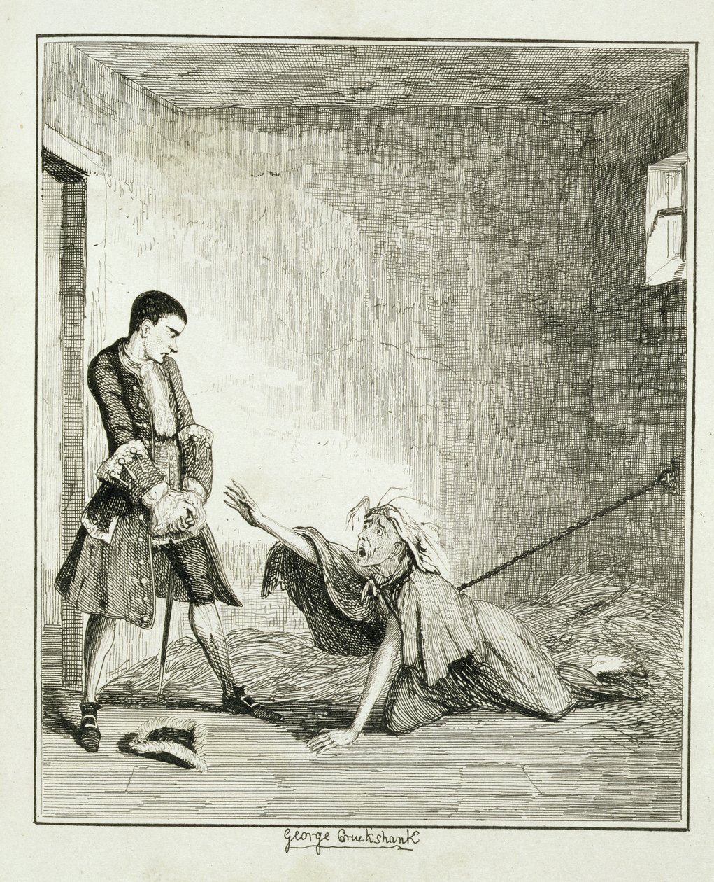 Jack visita sua mãe em Bethlehem Hospital, Londres, ilustração de "Jack Sheppard: A Romance", de William Harrison Ainsworth, publicado em 1839 de George Cruikshank