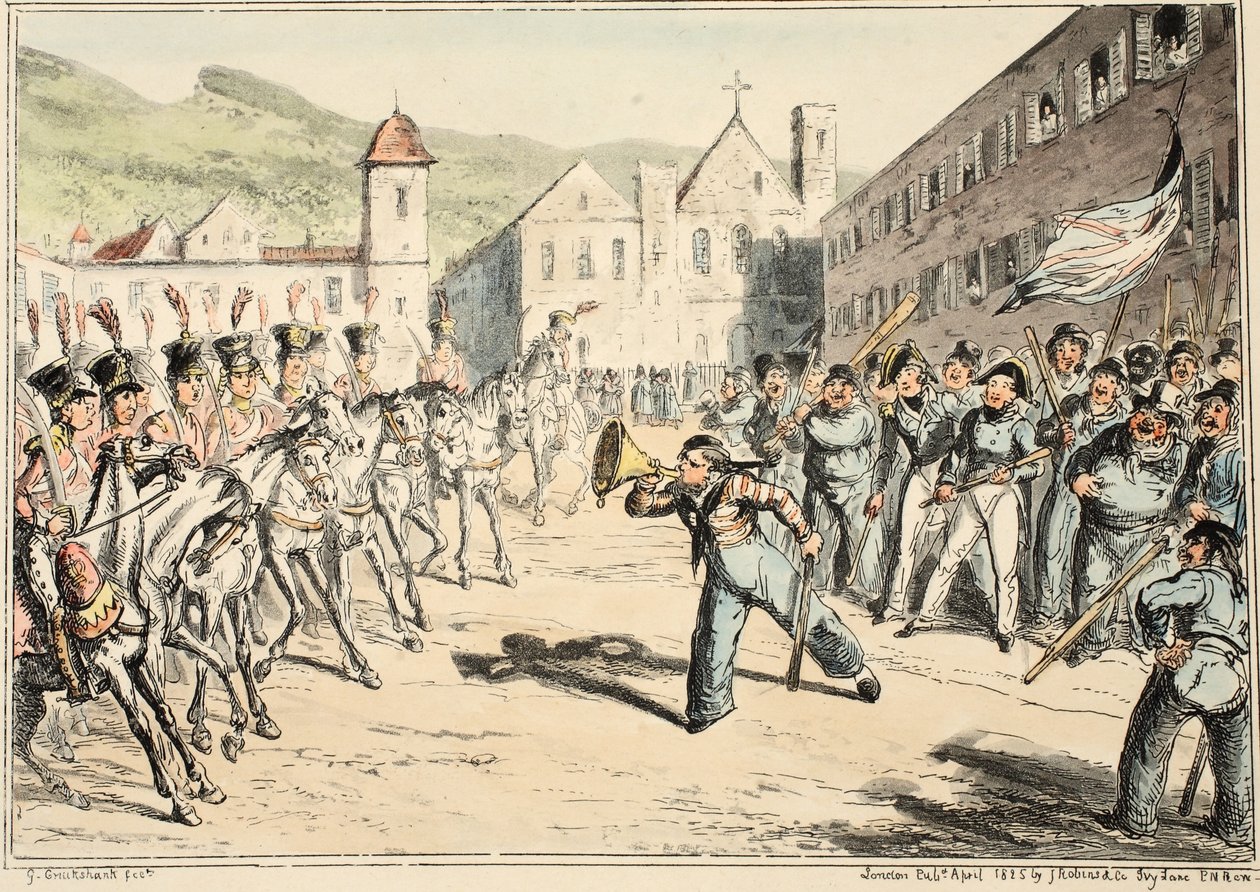 Jacks Trump of Defiance, do Greenwich Hospital, uma série de esboços navais, descritiva de uma vida de um homem de guerras, pub. 1826 (gravura colorida à mão) de George Cruikshank