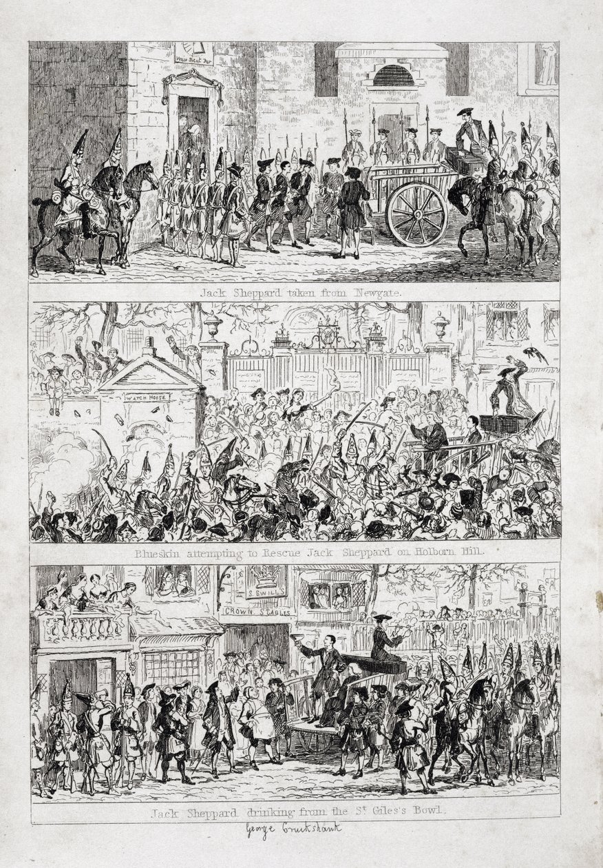 A viagem de Jack de Newgate para Tyburn, ilustração de "Jack Sheppard: A Romance", de William Harrison Ainsworth, publicada em 1839 de George Cruikshank