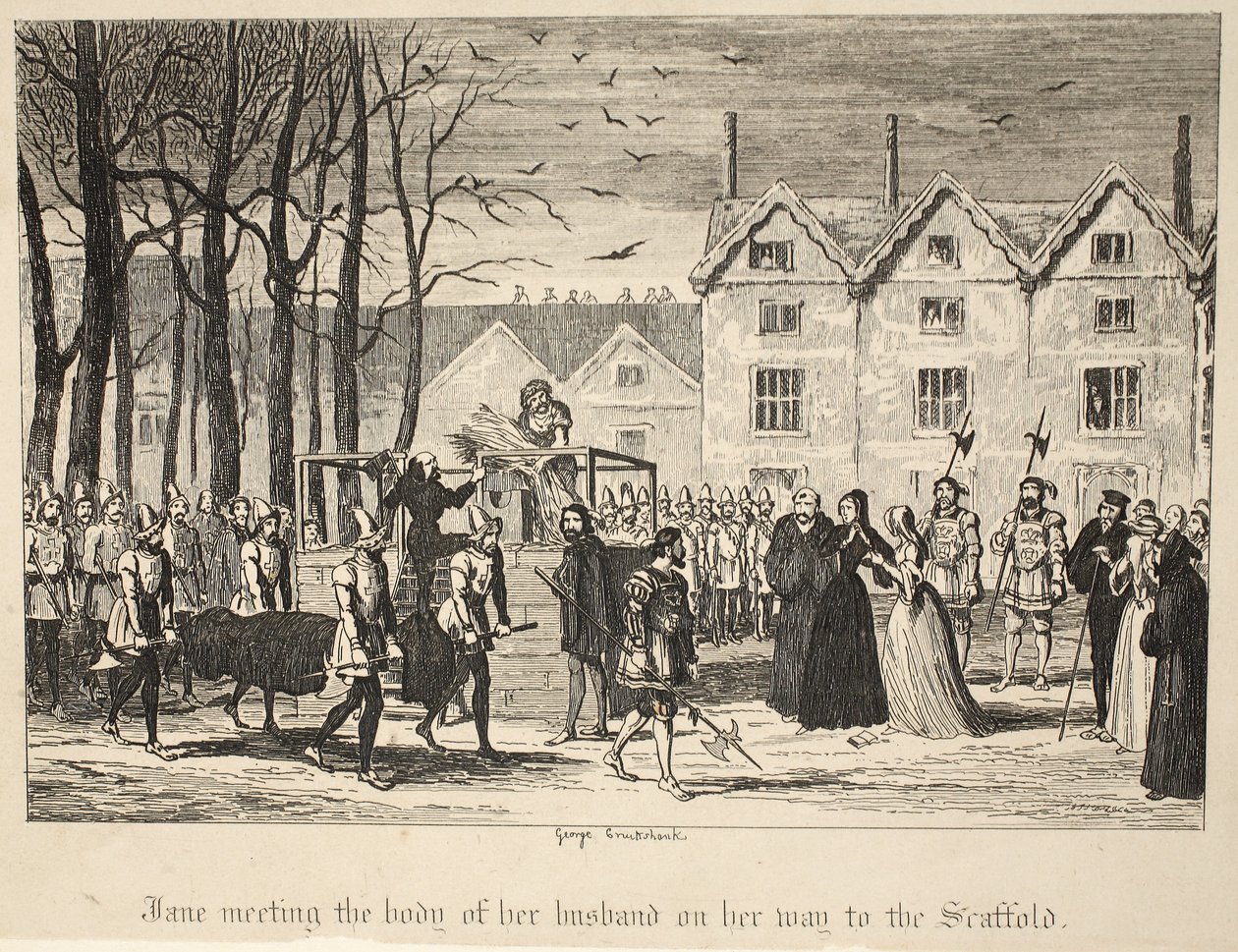 Jane encontrando o corpo de seu marido a caminho do Andaime, do pub The Tower of London. 1840 de George Cruikshank
