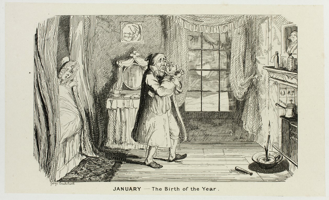 janeiro - O nascimento do ano a partir das gravuras em aço de George Cruikshank para The Comic Almanacks: 1835-1853 de George Cruikshank