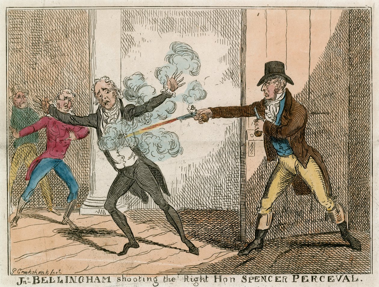 John Bellingham assassina o Rt Hon Spencer Perceval no átrio da Câmara dos Comuns de George Cruikshank