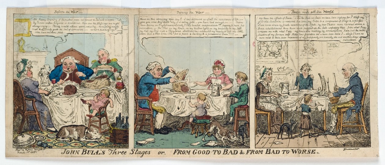 Os três estágios de John Bull, ou De bom a mau e De mau a pior, 1815 (gravura colorida à mão) de George Cruikshank