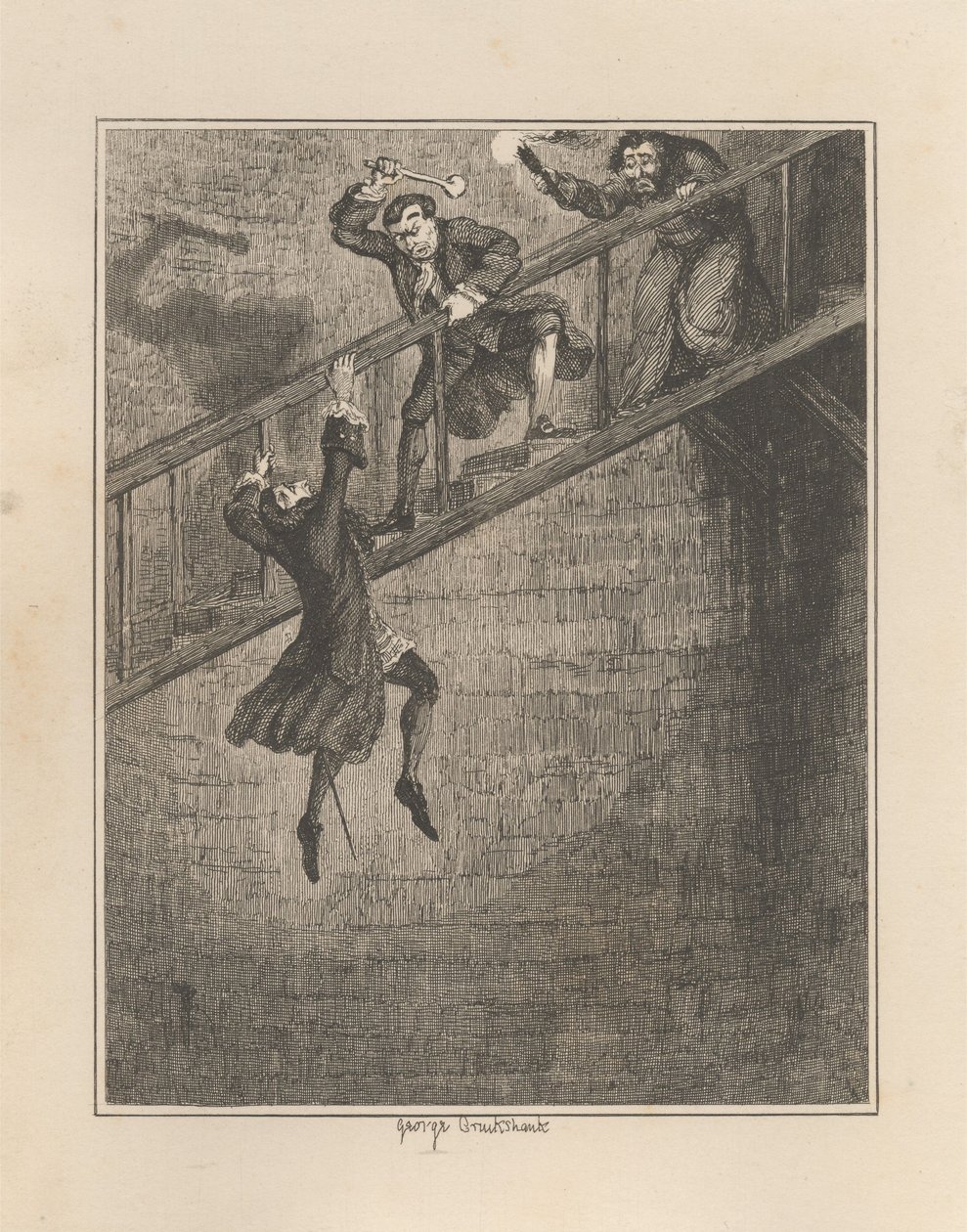 Jonathan Wild a atirar Sir Rowland Trenchard para o poço de George Cruikshank
