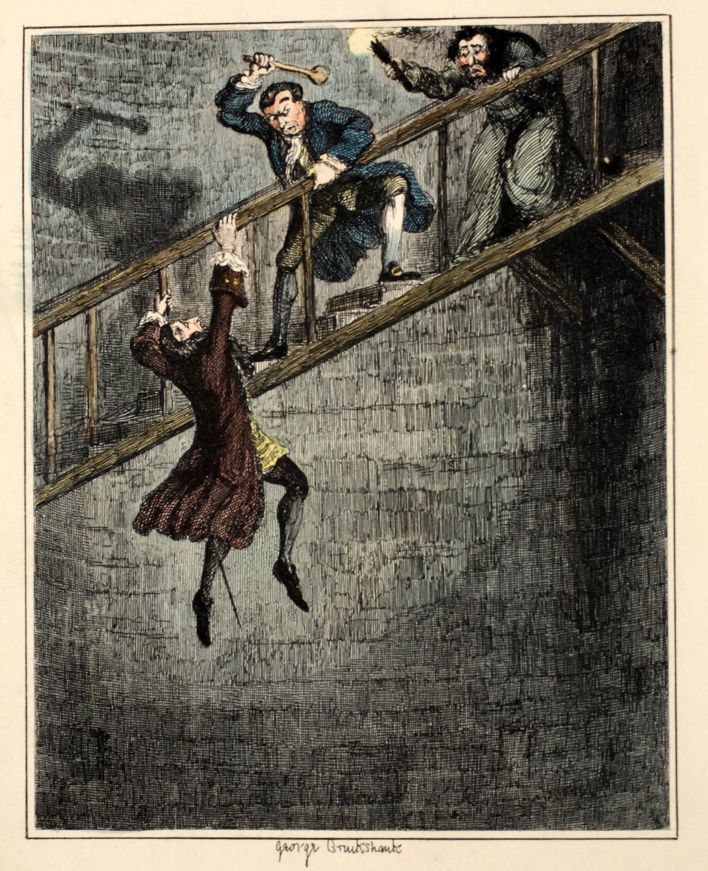 Jonathan Wild a atirar Sir Rowland Trenchard pelo poço, ilustração de 