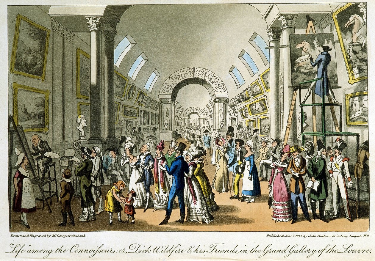The Great Gallery of the Louvre - em "Life in Paris" de David Carey, Londres de George Cruikshank