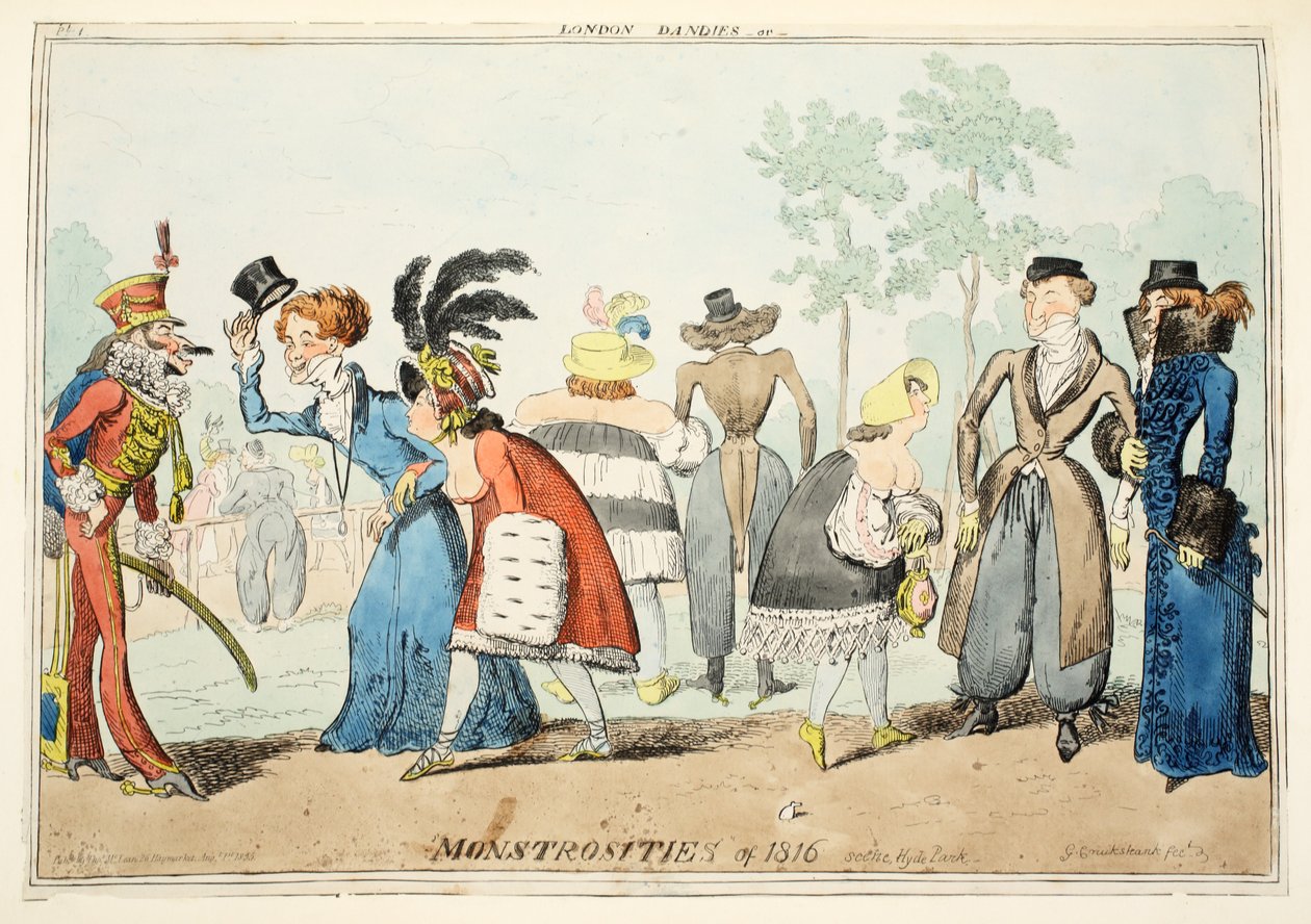 London Dandies ou Monstruosidades de 1815, Hyde Park, pub. 1835 (gravura colorida à mão) de George Cruikshank