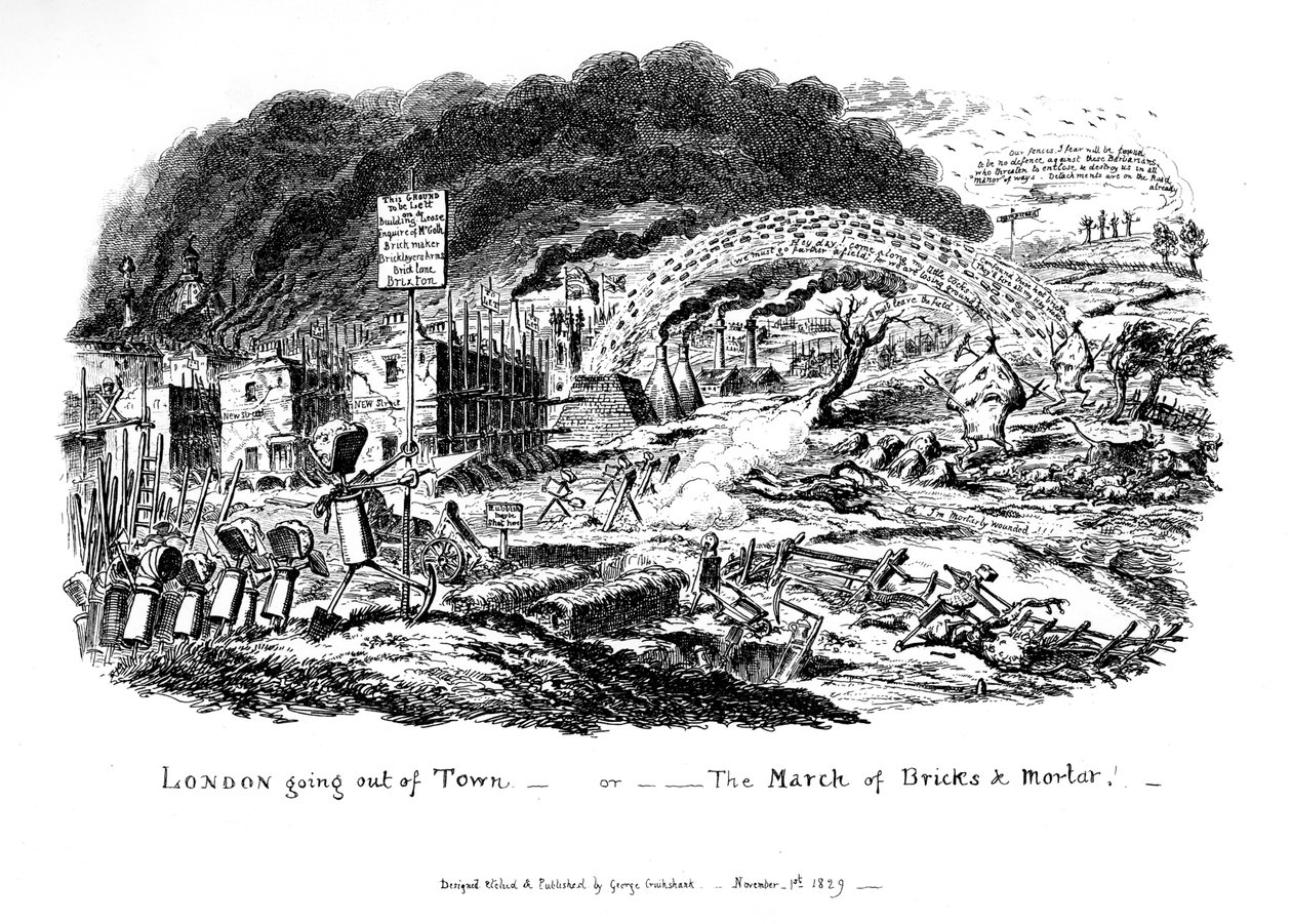 Londres saindo da cidade - ou The March of Bricks and Mortar, 1829 de George Cruikshank