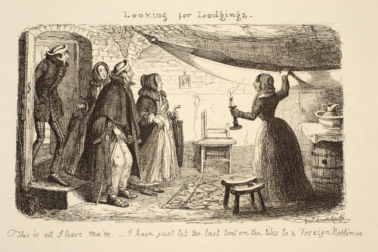 Procurando por alojamentos, pub. 1851 de George Cruikshank