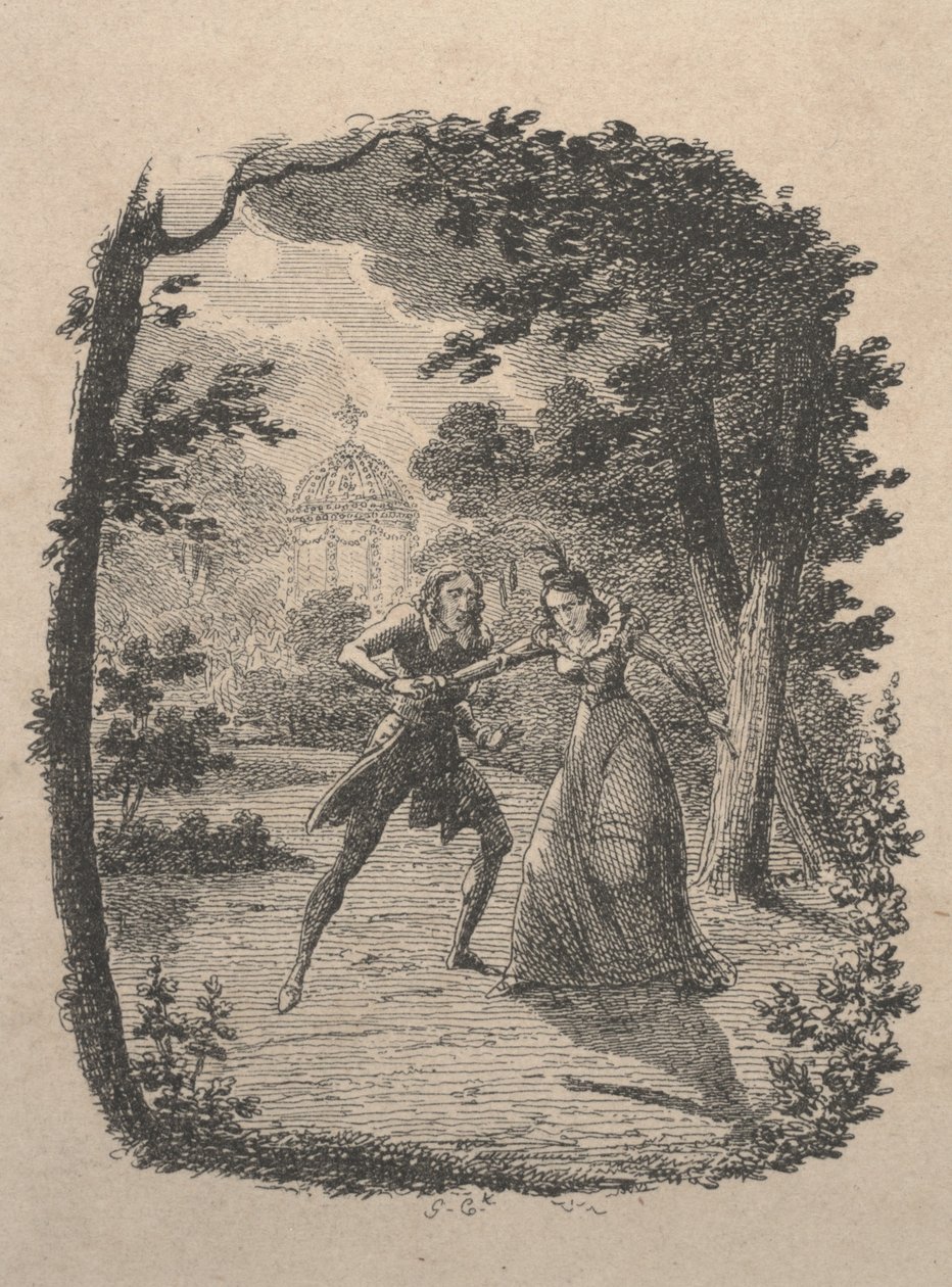 Homem e mulher no jardim (gravura) de George Cruikshank
