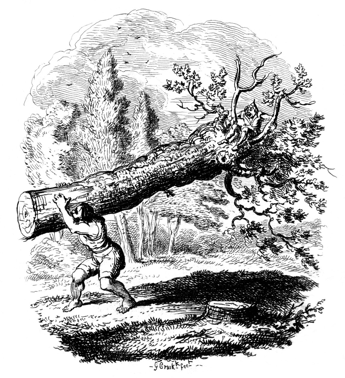 Homem carregando um tronco de árvore grande no ombro, século XIX. de George Cruikshank