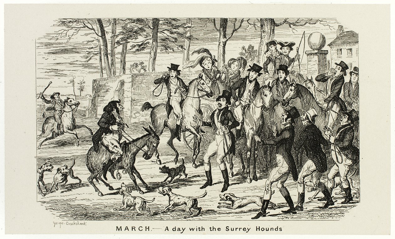 março - Um dia com os cães de caça de Surrey das gravuras em aço de George Cruikshank para o The Comic Almanacks: 1835-1853 de George Cruikshank