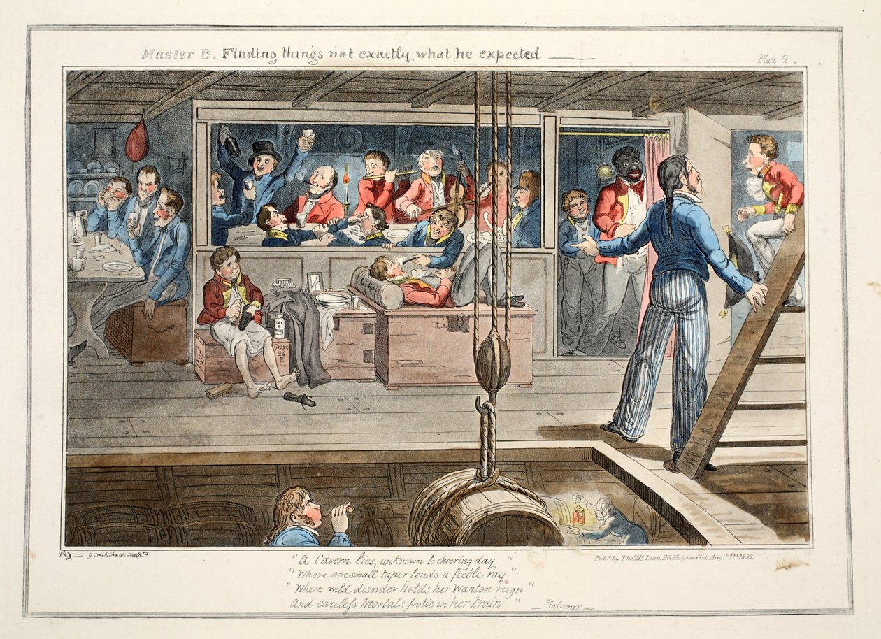 Mestre B, Achando as coisas não exatamente o que ele esperava, pub. 1835 (gravura colorida à mão) de George Cruikshank